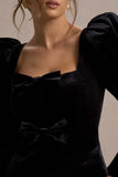 Suzu Black Velvet Puff Sleeve Top With Bows