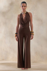 Clemence Brown Plunge Neck Jumpsuit