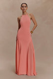 Soleil Knit And Mesh Halter Maxi Dress Coral