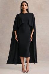 Kalani Black Crew Neck Midi Dress With Cape Sleeves