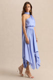 Caluna Powder Blue Satin Asymmetric Neck Midi Dress With Scarf Detail