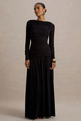 Aniyah Black High Neck Maxi Dress With Ruched Detailing