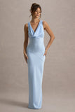 Alesso Powder Blue Satin Cowl Neck Slip Maxi Dress