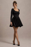 Wilder Black Embellished Square Neck Long Sleeve Skater Mini Dress