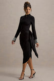 Luanna Black Satin Long Sleeve Midi Dress With Draped Skirt And Embellised Cuffs