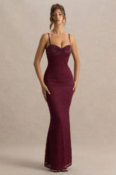 Juana Burgundy Lace And Satin Sweetheart Neck Satin Maxi Dress
