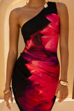 Elora Hot Pink Placement Floral Asymmetric Midi Dress