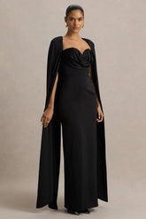 Wren Black Satin Sweetheart Neck Maxi Dress With Cape Sleeves
