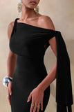 Vista Black Asymmetric Neck Maxi Dress With Knot Sleeve Detail