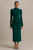 Cassandra Bottle Green High Neck Long Sleeve Midi Dress