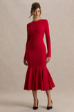 Liberty Red High Neck Mermaid Midi Dress With Ruffling Detail