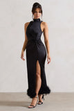 Zoe Black Satin Twist Split Maxi Dress With Feather Trim