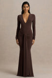 Saffie Chocolate Extreme Plunge Wrap Maxi Dress With Long Sleeves And Ruched Detailing