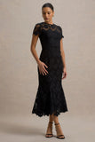 Clarissa Black Lace Short Sleeve Midi Dress