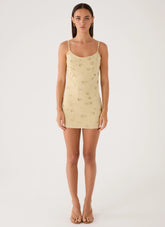 Levanna Beaded Sequin Mini Dress Pale Olive