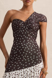 Motira Brown Polka Dot Asymmetric Neck Maxi Dress With Asymmetric Drop Waist