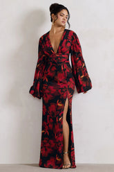 Casarile Red Floral Print V Neck Balloon Sleeve Maxi Dress