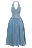 Miller Denim Halter Midi Dress Classic Blue
