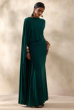 Carenza Dark Green Wide Neck Maxi Dress With Cape Sleeve