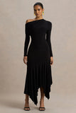 Isola Black Asymmetric Neck Midi Dress With Hanky Hem