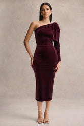 Vespera Burgundy Velvet Asymmetric Neck Midi Dress With Bow Detail