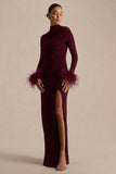 Gatsby Burgundy High Neck Maxi Dress With Feather Trim Cuffs