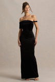 Poised Black Velvet Bardot Neck Maxi Dress With Twist Sleeve