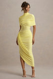 Enchant Lemon Asymmetric Twisted Cape Midi Dress