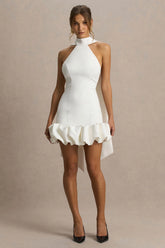 Geneve White Halter Neck Mini Dress With Ruffled Trim