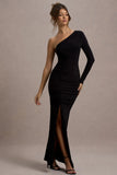 Doll Black Asymmetric One Sleeve Ruched Maxi Dress