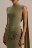 Premiere Olive Boat Neck Maxi Dress With Cape Sleeves And Open Back