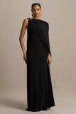 Cressida Black Asymmetric Neck Maxi Dress With Cape And Gold Detail