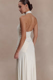 Indira Gathered Slinky Halter Maxi Dress Ivory