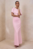 Grandeur Pale Pink High Neck Ruched Maxi Dress