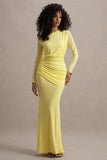 Deanna Lemon Asymmetric Long Sleeve Ruched Maxi Dress