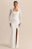 Fleurisia White Square Neck Maxi Dress With Mesh Long Sleeves