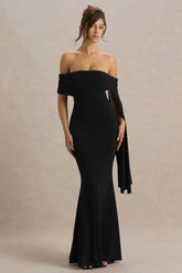 Saffina Black Bardot Neck Maxi Dress With Sash Detail