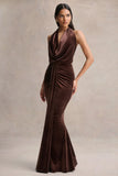 Lavernia Brown Velvet Halter Neck Maxi Dress With Gathered Detailing