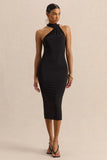 Devinae Black Asymmetric Neck Midi Dress With Open Back And Scarf Detail