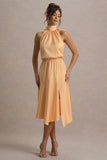 Palonia Peach Satin High Neck Split Midi Dress