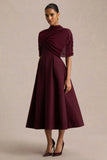 Thalia Burgundy High Neck Midi Dress With Sheer Mesh Cape