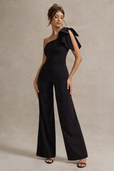 Orilla Black One Shoulder Wide Leg Jumpsuit With Bow