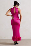 Zoe Dark Pink Satin Twist Split Maxi Dress With Feather Trim