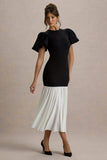 Cinzia Black White Puff Sleeve Volume Hem Midi Dress