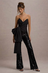 Bianco Black Sequin Strapless Flared Leg Jumpsuit With Drape