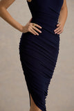 Dorit Navy One Shoulder Asymmetric Ruched Midi Dress