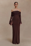Josie Off Shoulder Mesh Maxi Dress Dark Brown
