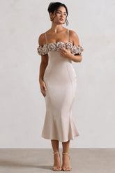 Petunia Champagne Satin Floral Bardot Midi Dress