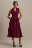 Lisa Burgundy Plunge Neck Tailored Midi Dress With Button Detailing