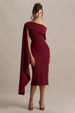 Leah Burgundy Asymmetric Neck Midi Dress With Cape Sleeve